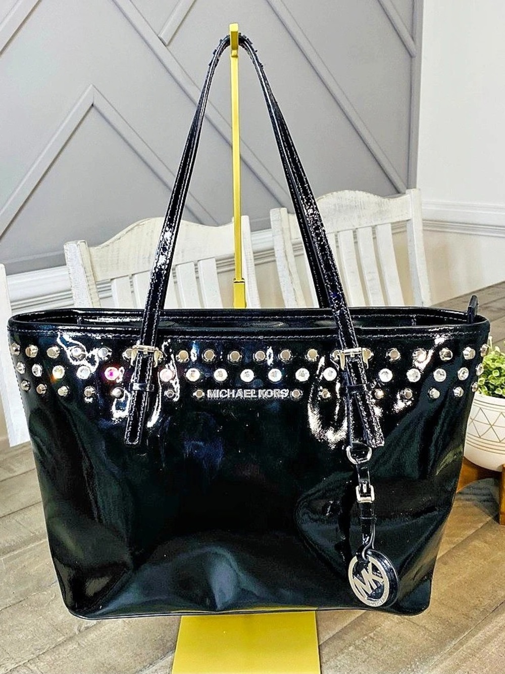 Michael Kors Jet Set Travel Rhinestone Embellished Patent Leather Tote